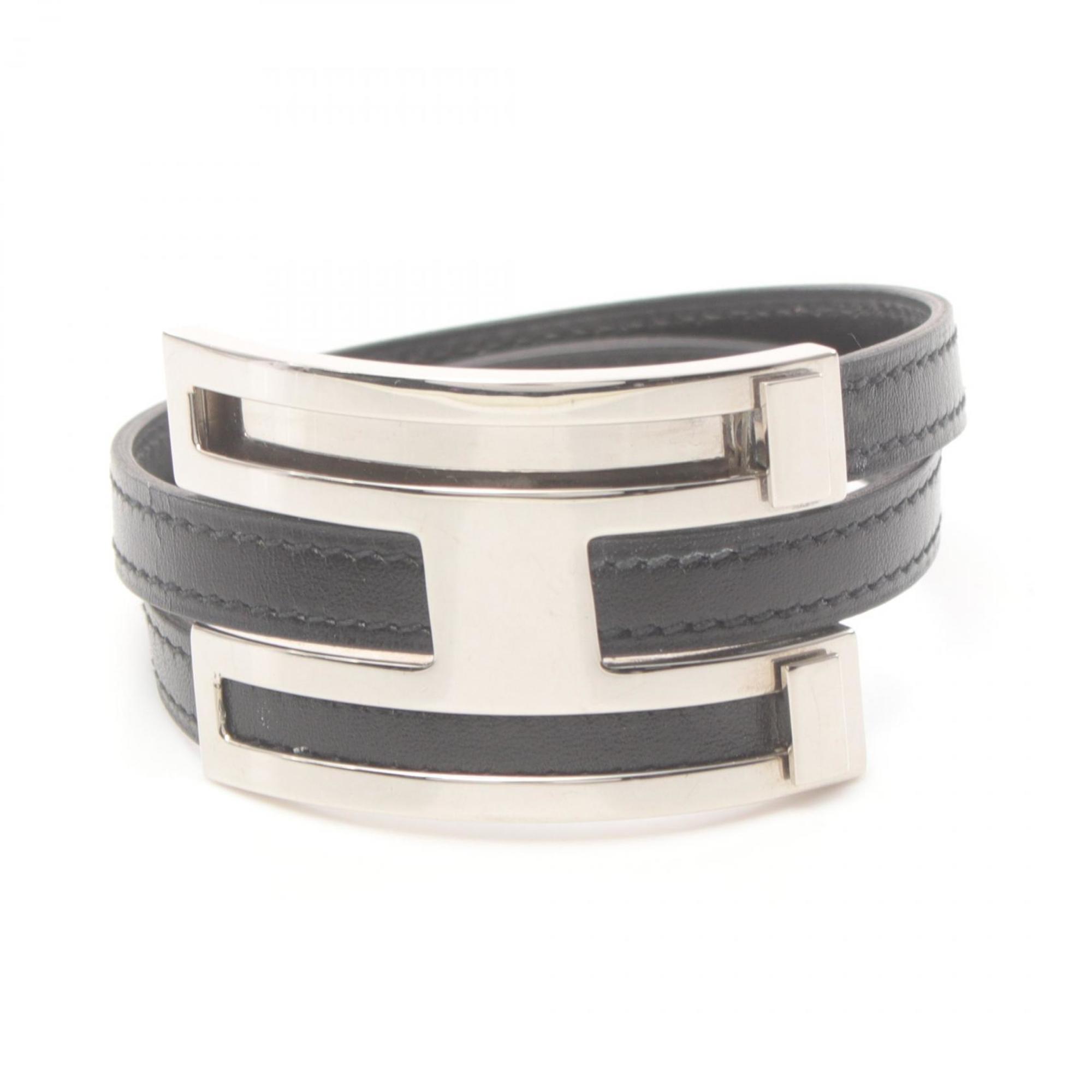 Hermes HERMES Puspus MM Bracelet Calfskin (Cowhide) Stainless Steel Box Women's Black Silver