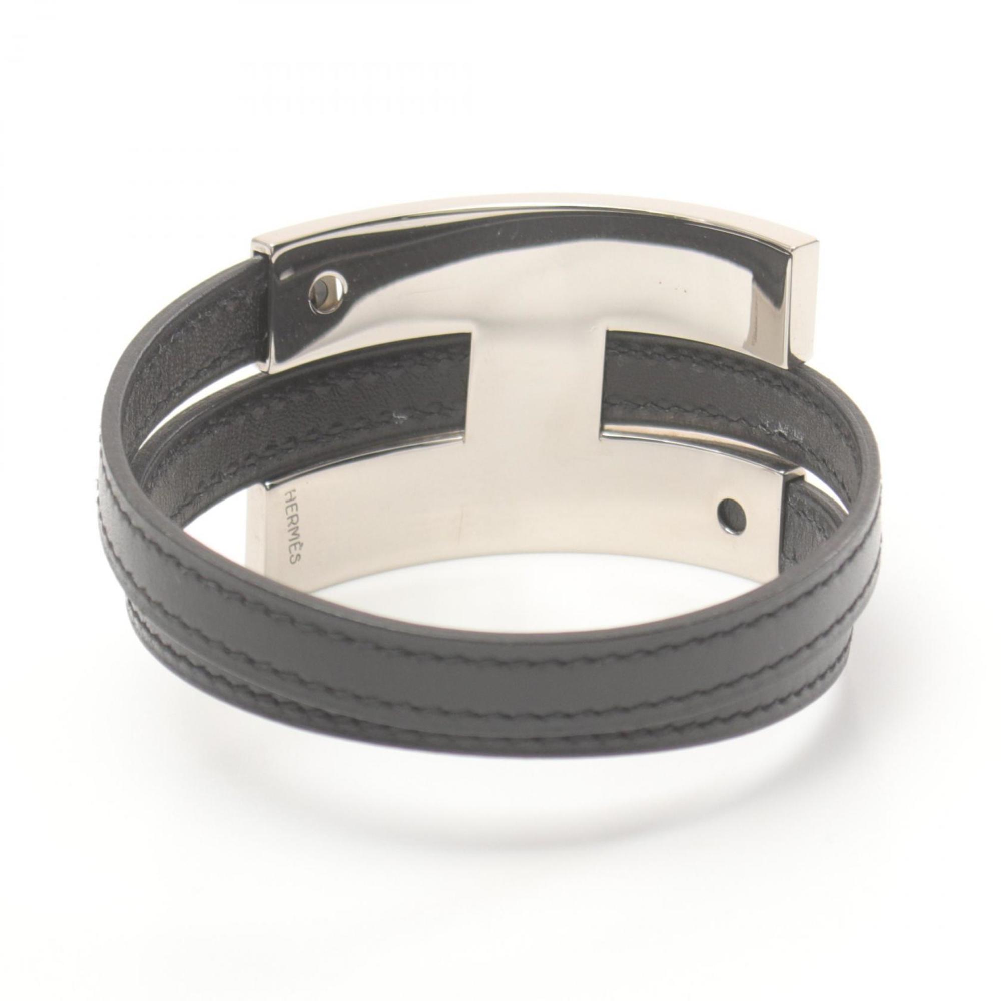 Hermes HERMES Puspus MM Bracelet Calfskin (Cowhide) Stainless Steel Box Women's Black Silver