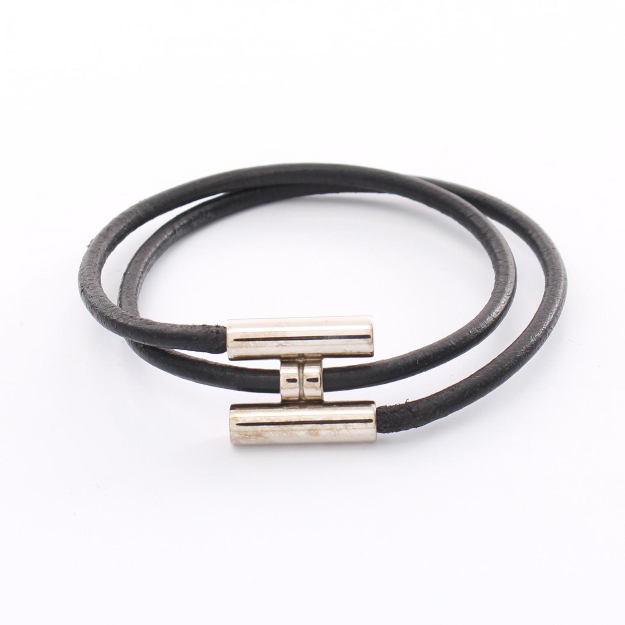 Hermes Tournis H Bracelet Leather Stainless Steel Women's Black Silver