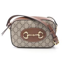 GUCCI Horsebit 1955 Shoulder Bag, Coated Canvas, Leather, Women's, Beige, Brown, 76019692TCG8563