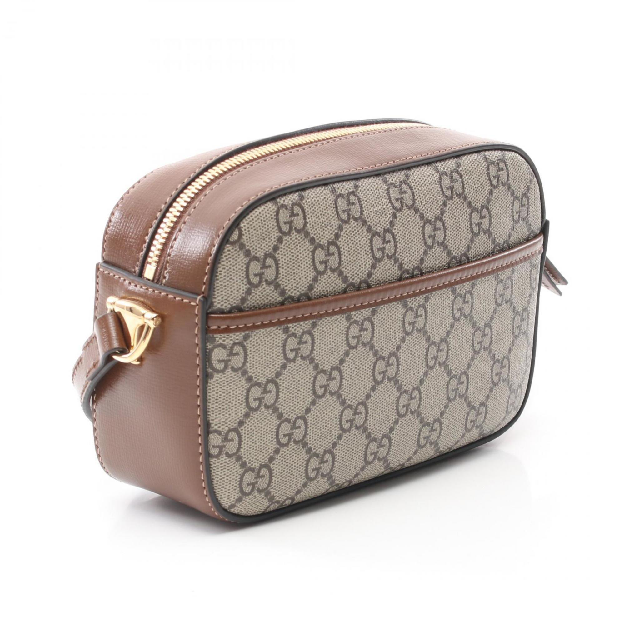 GUCCI Horsebit 1955 Shoulder Bag, Coated Canvas, Leather, Women's, Beige, Brown, 76019692TCG8563