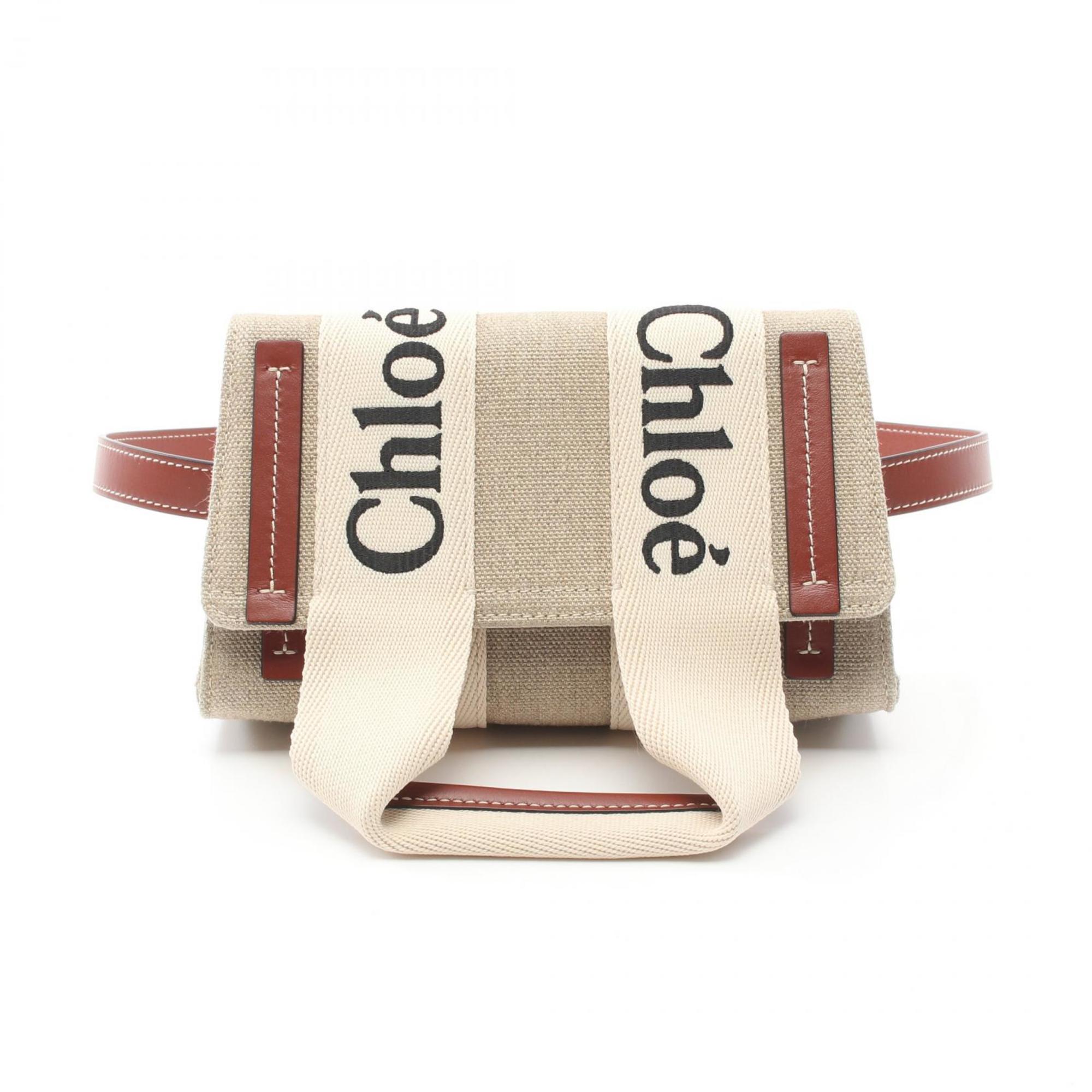 Chloé Chloe WOODY Waist Bag Body Fabric Leather Women's Beige Brown White CHC24AS681L17