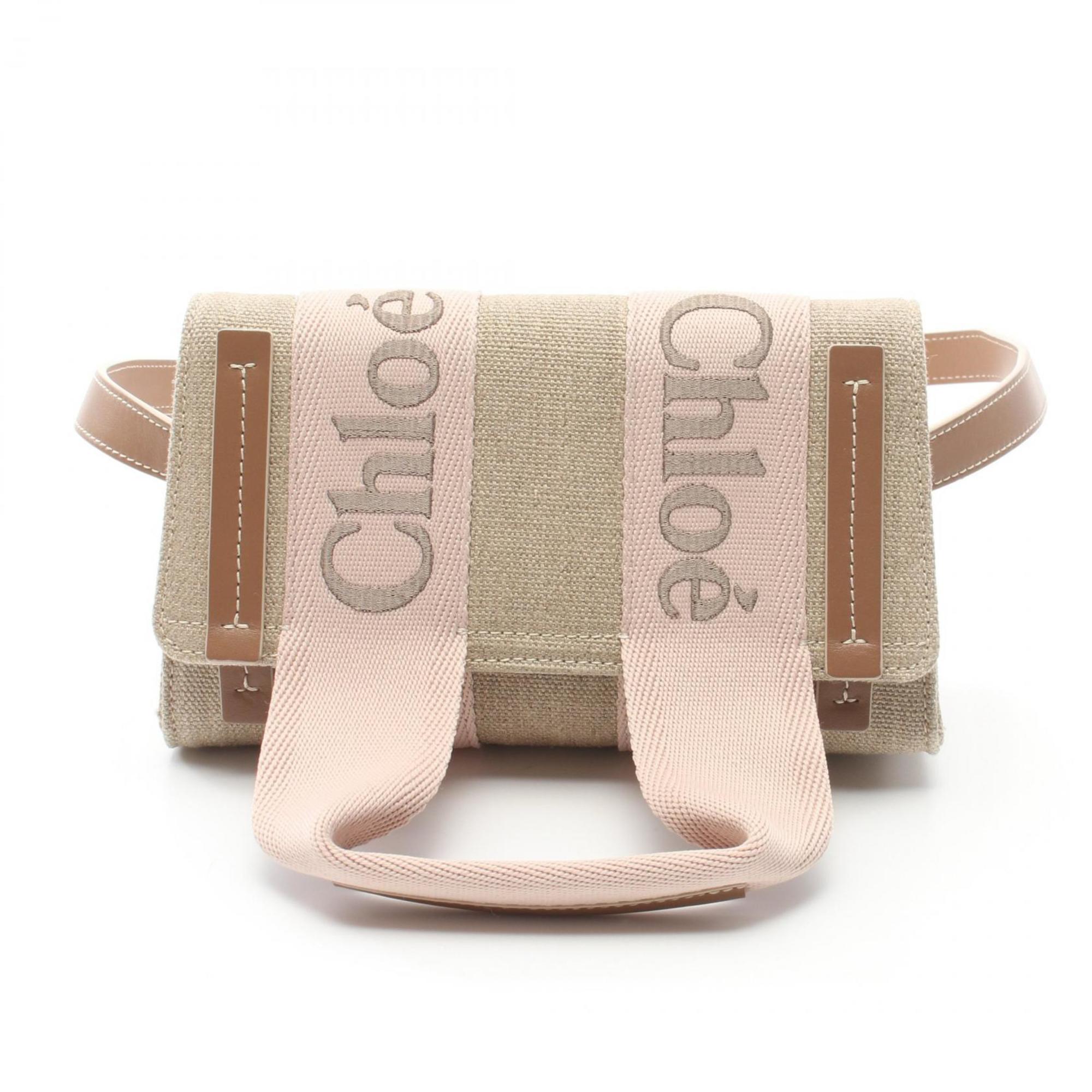 Chloé Chloe WOODY CANVAS SHOULDER Shoulder Bag Fabric Leather Women's Beige Pink Brown CHC24AS681L1726Y