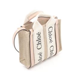 Chloé Chloe WOODY NANO Shoulder Bag Canvas Leather Women's Beige Pink CHC22AP235I266J5