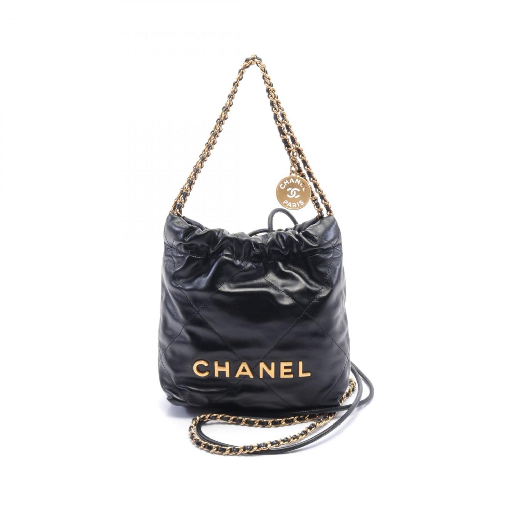 CHANEL 22 Lace Patchwork Shoulder Bag Leather Women's Black AS3980