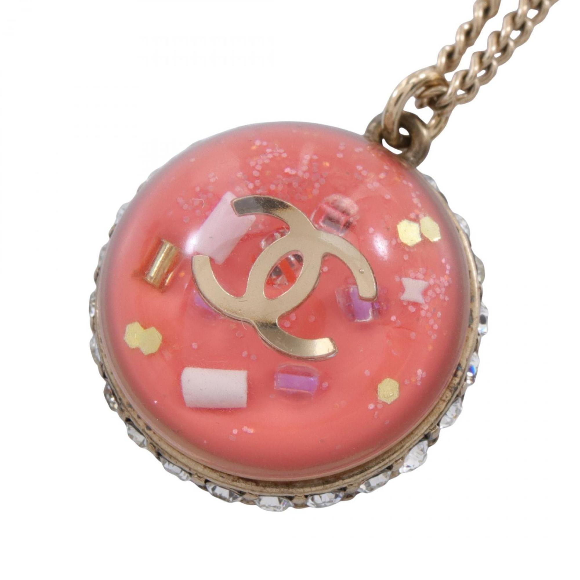 CHANEL Coco Mark Necklace GP (Gold Plated) Resin Rhinestone Women's Gold Pink Clear