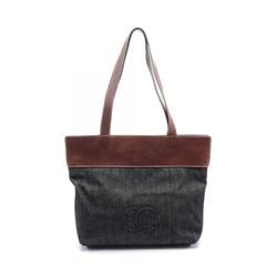 CHANEL Coco Mark Tote Bag Denim Leather Women's Black Brown