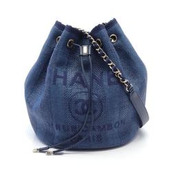 CHANEL Deauville Shoulder Bag Leather Straw Women's Blue Navy