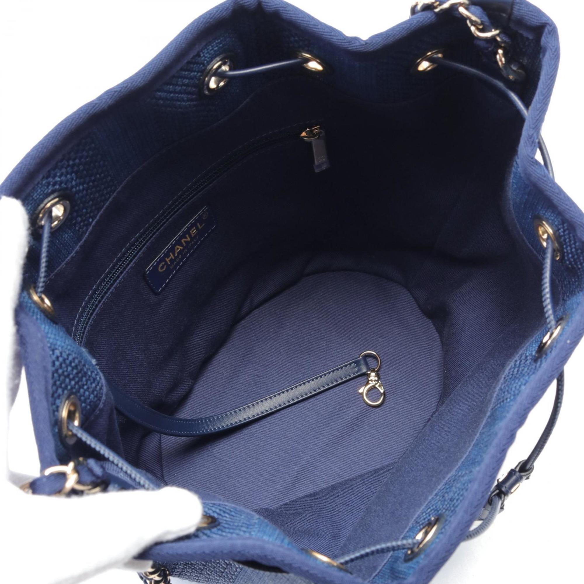 CHANEL Deauville Shoulder Bag Leather Straw Women's Blue Navy