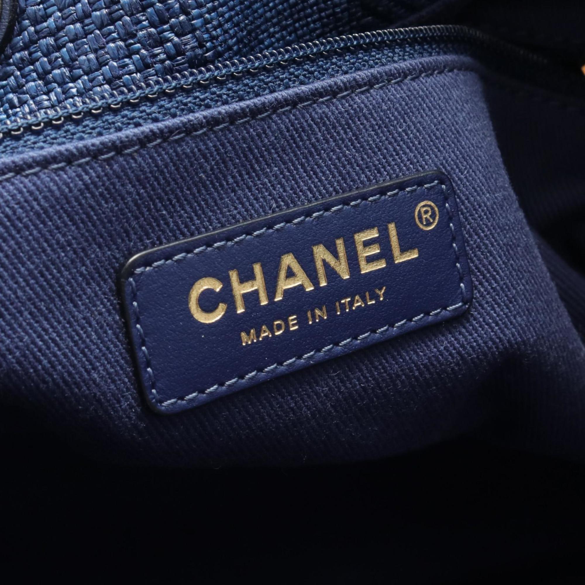 CHANEL Deauville Shoulder Bag Leather Straw Women's Blue Navy