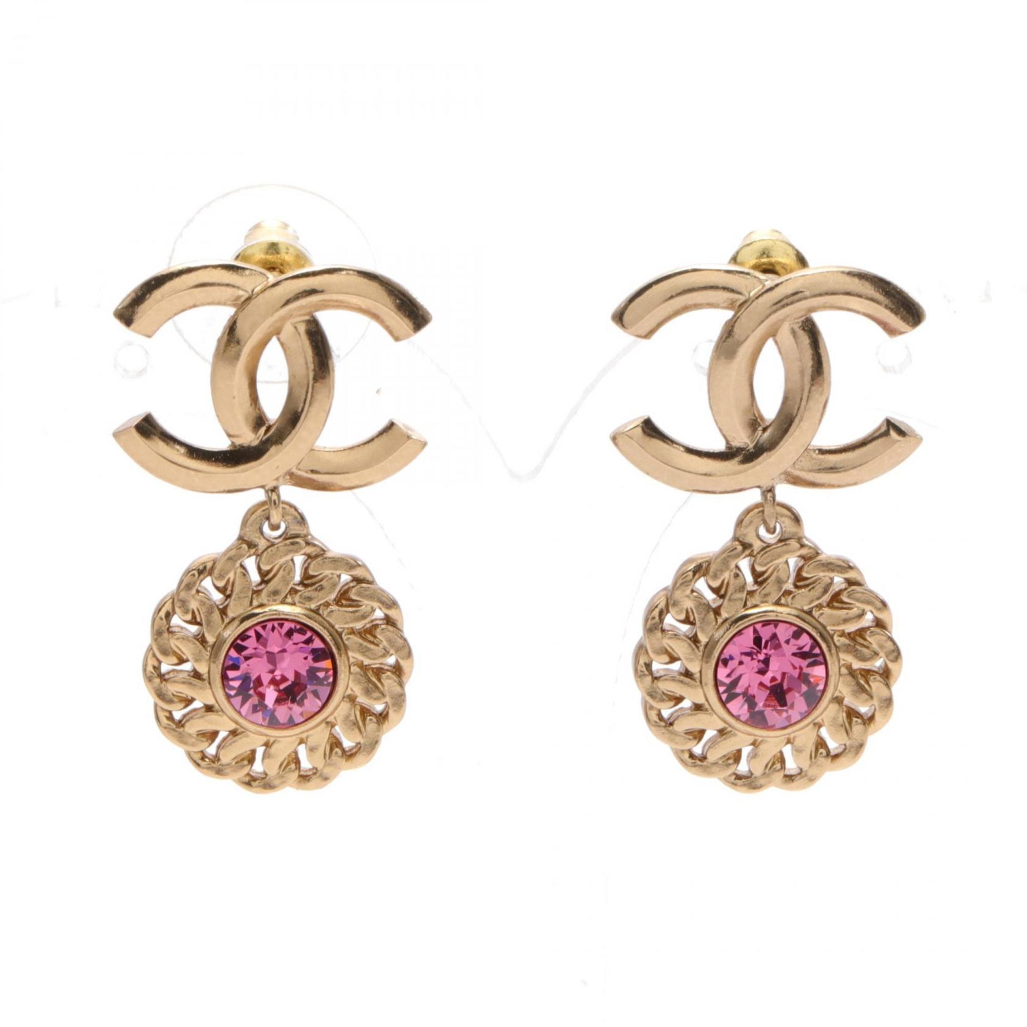 CHANEL Coco Mark Earrings GP (Gold Plated) Rhinestones Women's Gold Pink