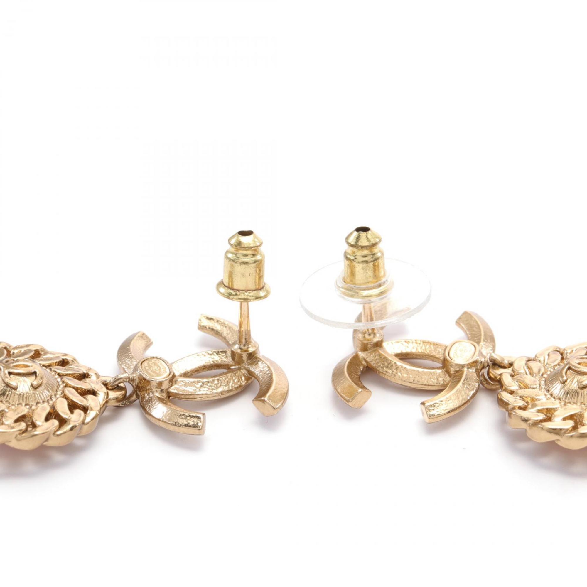 CHANEL Coco Mark Earrings GP (Gold Plated) Rhinestones Women's Gold Pink