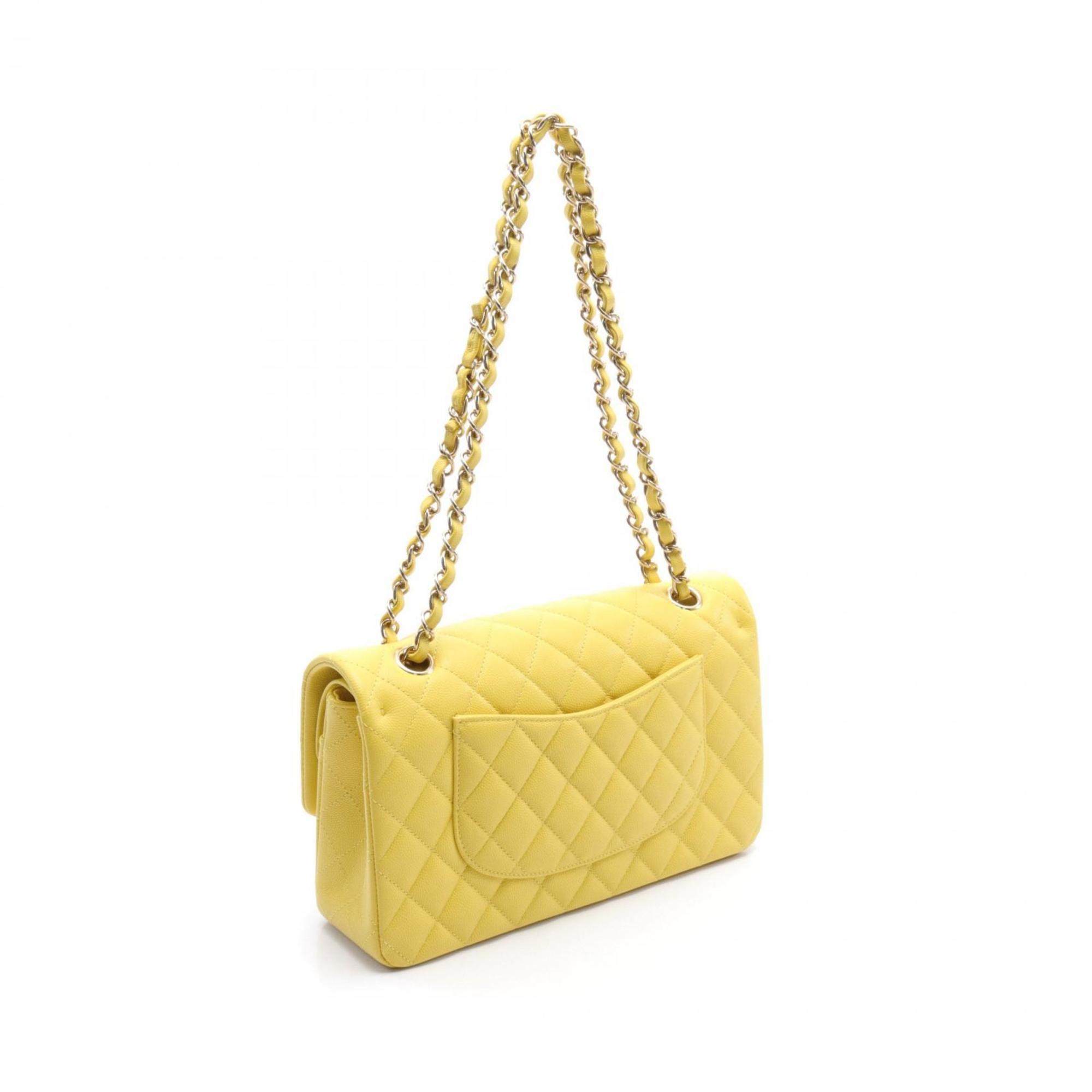 CHANEL Matelasse W-flap Shoulder Bag Caviar Skin (Grained Calf) Women's Yellow A01112