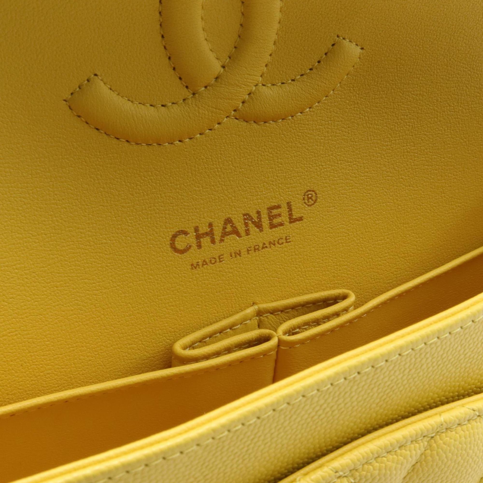 CHANEL Matelasse W-flap Shoulder Bag Caviar Skin (Grained Calf) Women's Yellow A01112