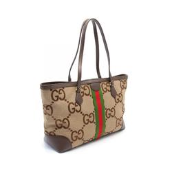 GUCCI Medium Tote Jumbo GG Sherry Line Bag Canvas Leather Women's Beige Brown Multicolor 631685