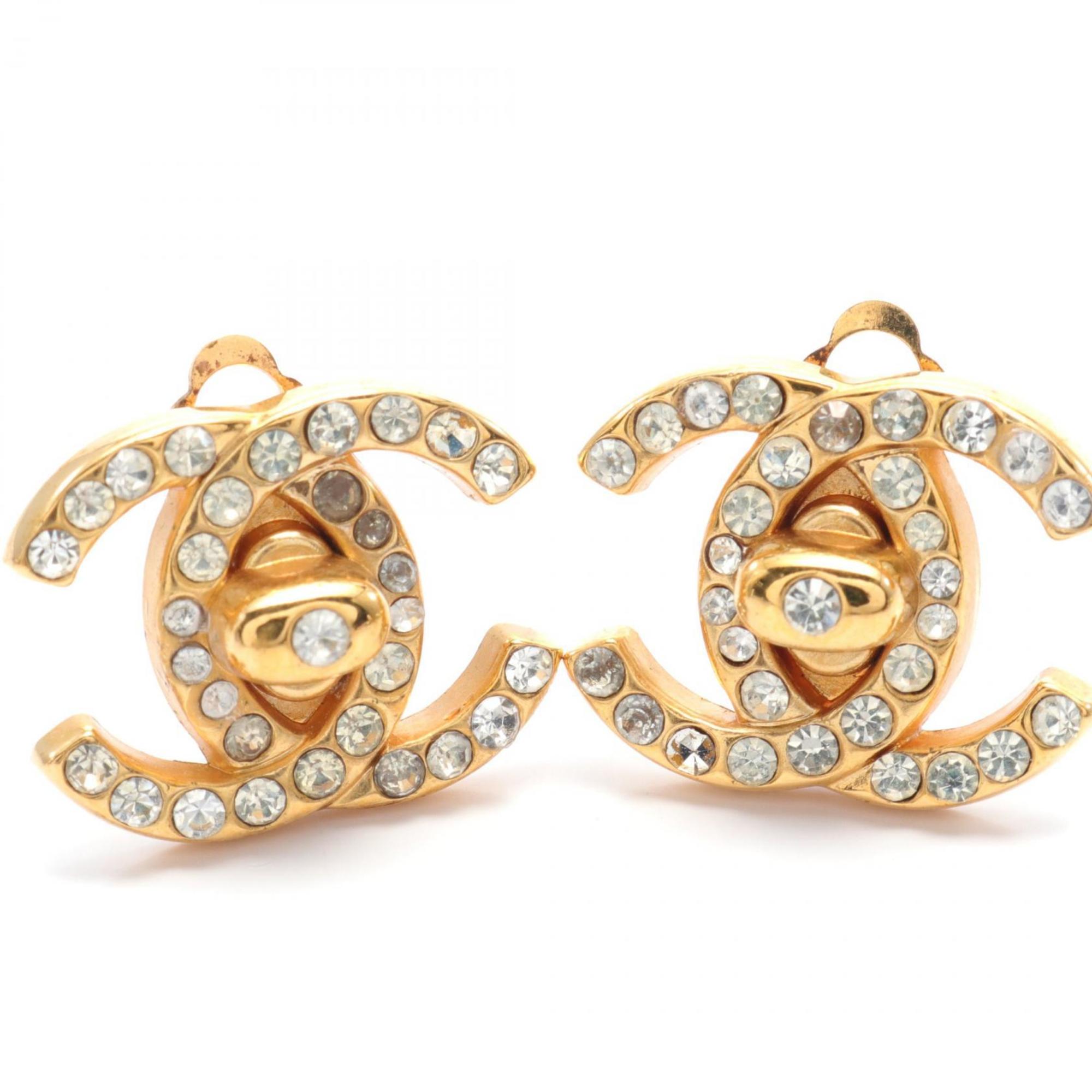 CHANEL Coco Mark Earrings GP (Gold Plated) Rhinestones Women's Gold 96A