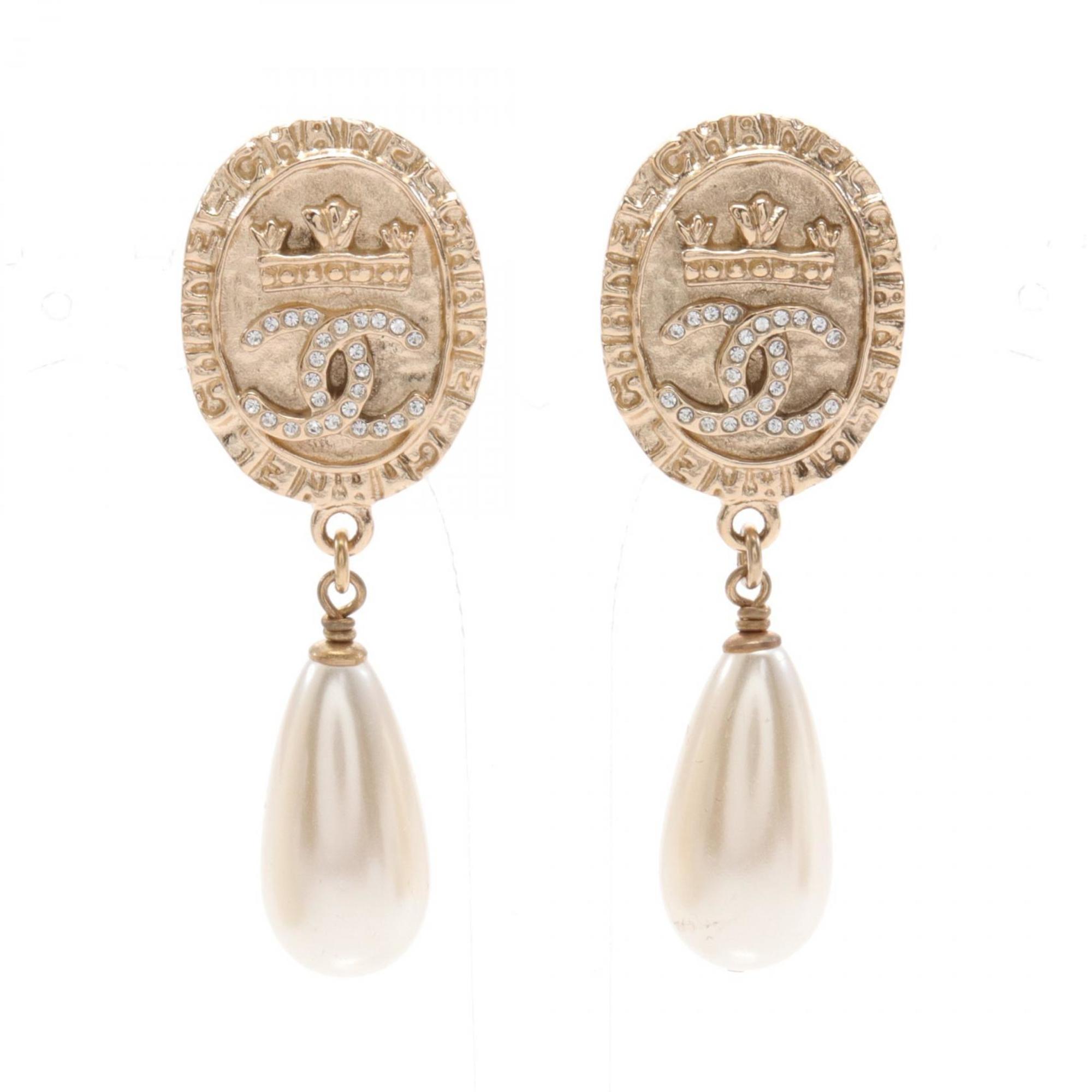 CHANEL Coco Mark Earrings GP (Gold Plated) Fake Pearl Rhinestones Women's Gold White Clear