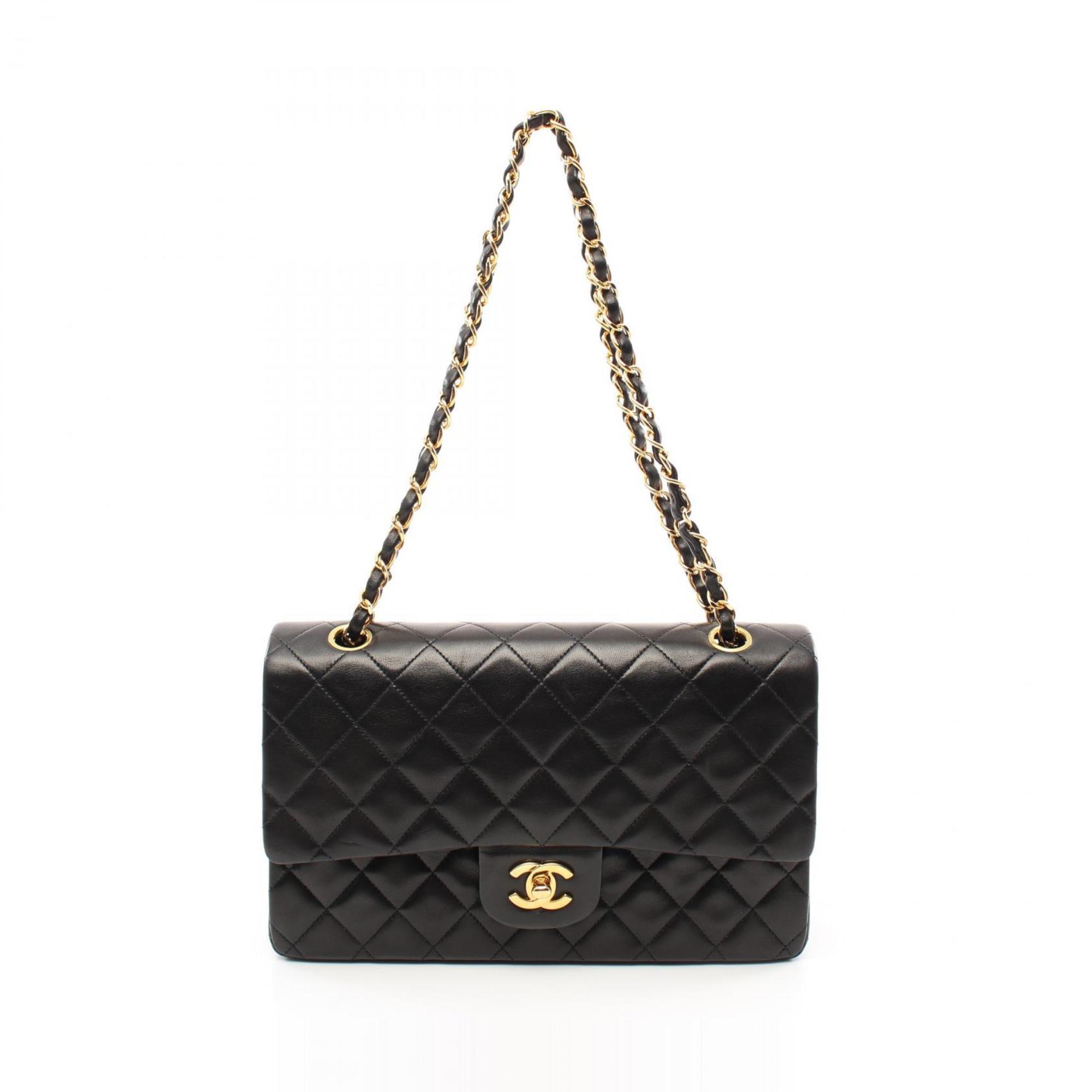 CHANEL Matelasse Double Flap Shoulder Bag, Lambskin, Women's, Black, A01112