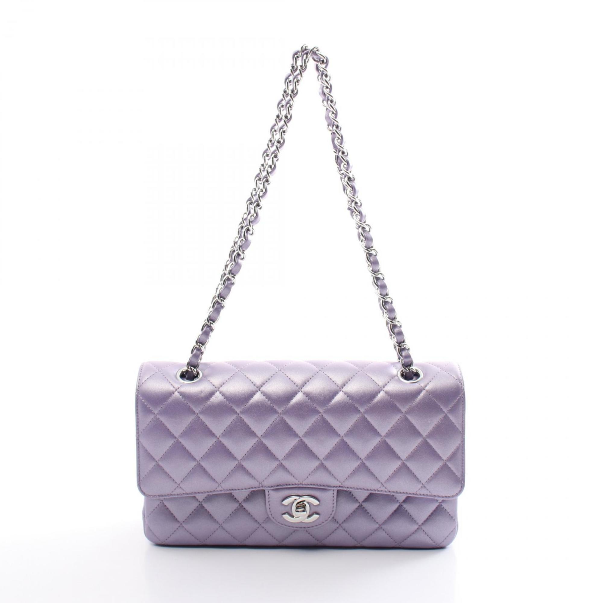 CHANEL Matelasse Double Flap Shoulder Bag, Lambskin, Women's, Purple, A01112