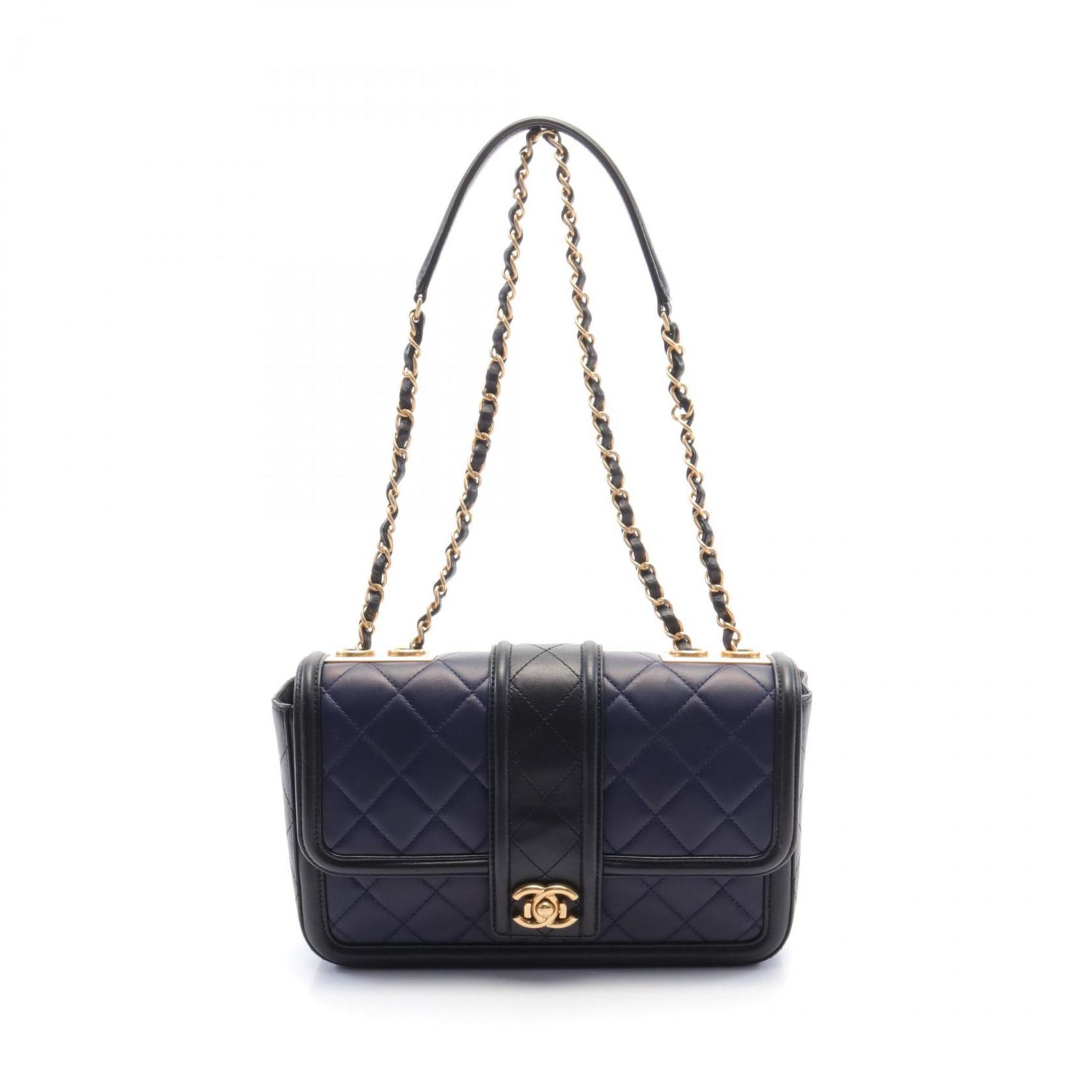 CHANEL Matelasse Shoulder Bag, Lambskin, Women's, Navy, Black