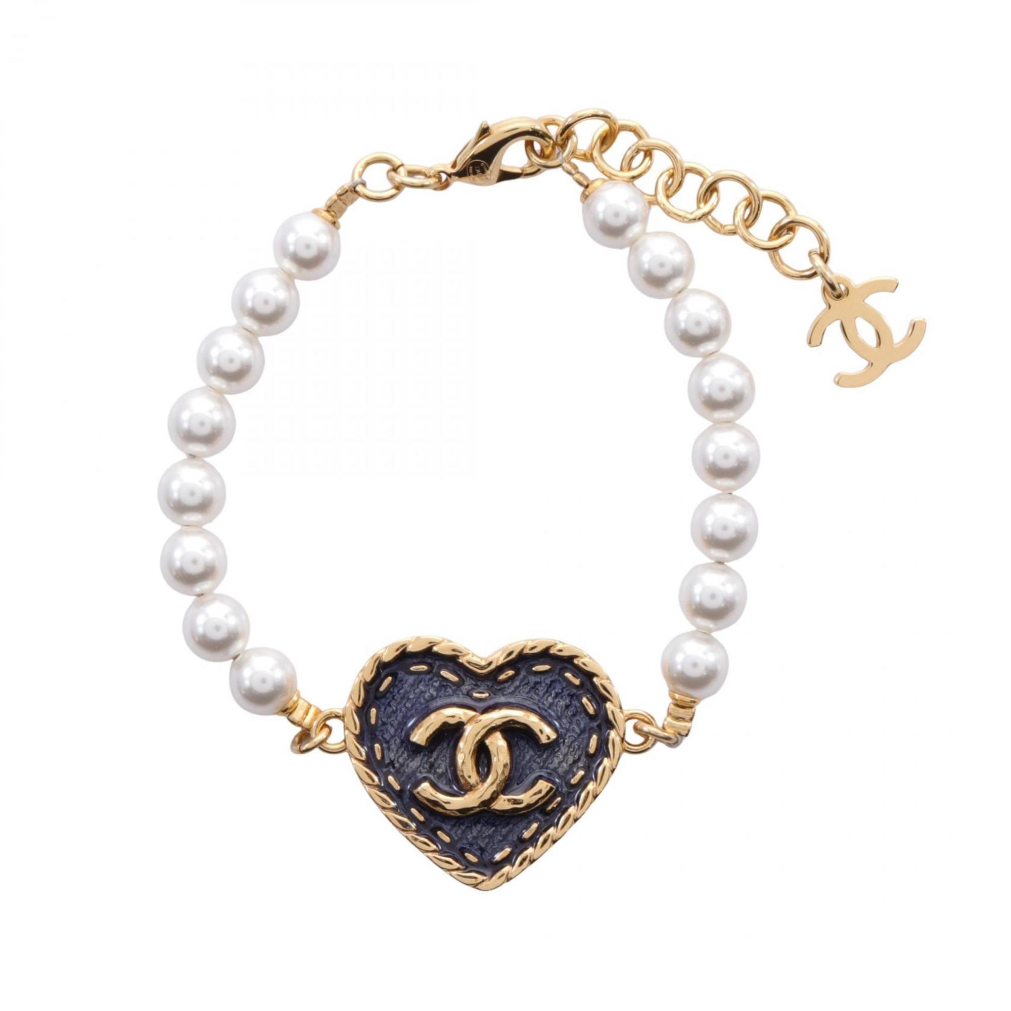 CHANEL Coco Mark Bracelet GP (Gold Plated) Fake Pearl Women's Gold Navy White