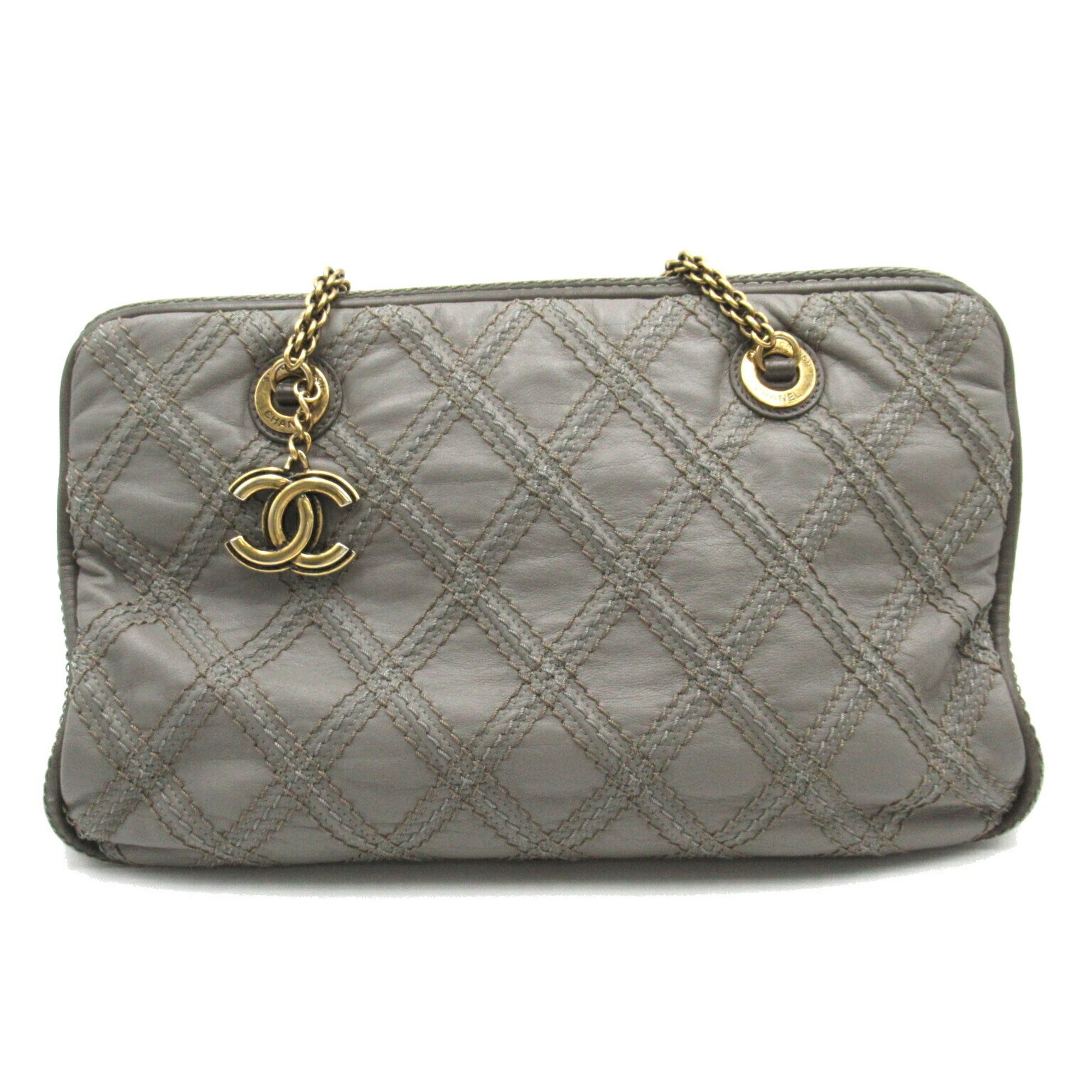 CHANEL Chain Shoulder Bag Leather Women's Grey