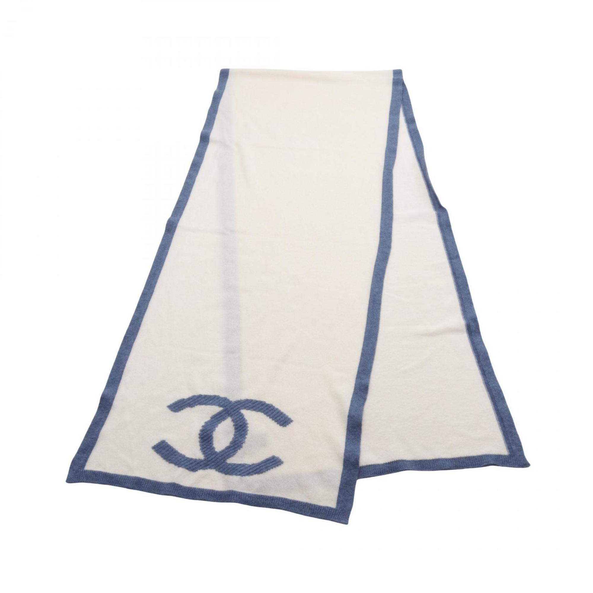 CHANEL Coco Mark Scarf Clothing Cashmere Women's Ivory Blue