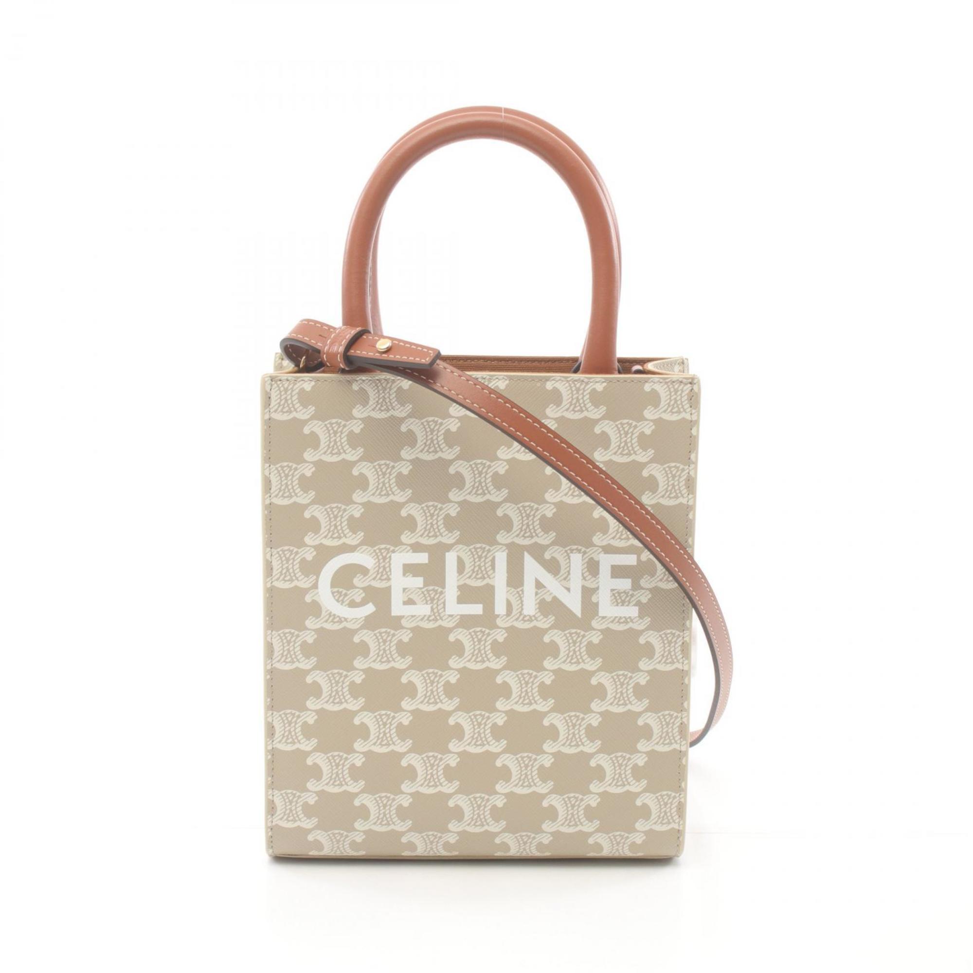 CELINE Vertical Cabas Triomphe Handbag Bag Coated Canvas Leather Women's Beige Brown 194372