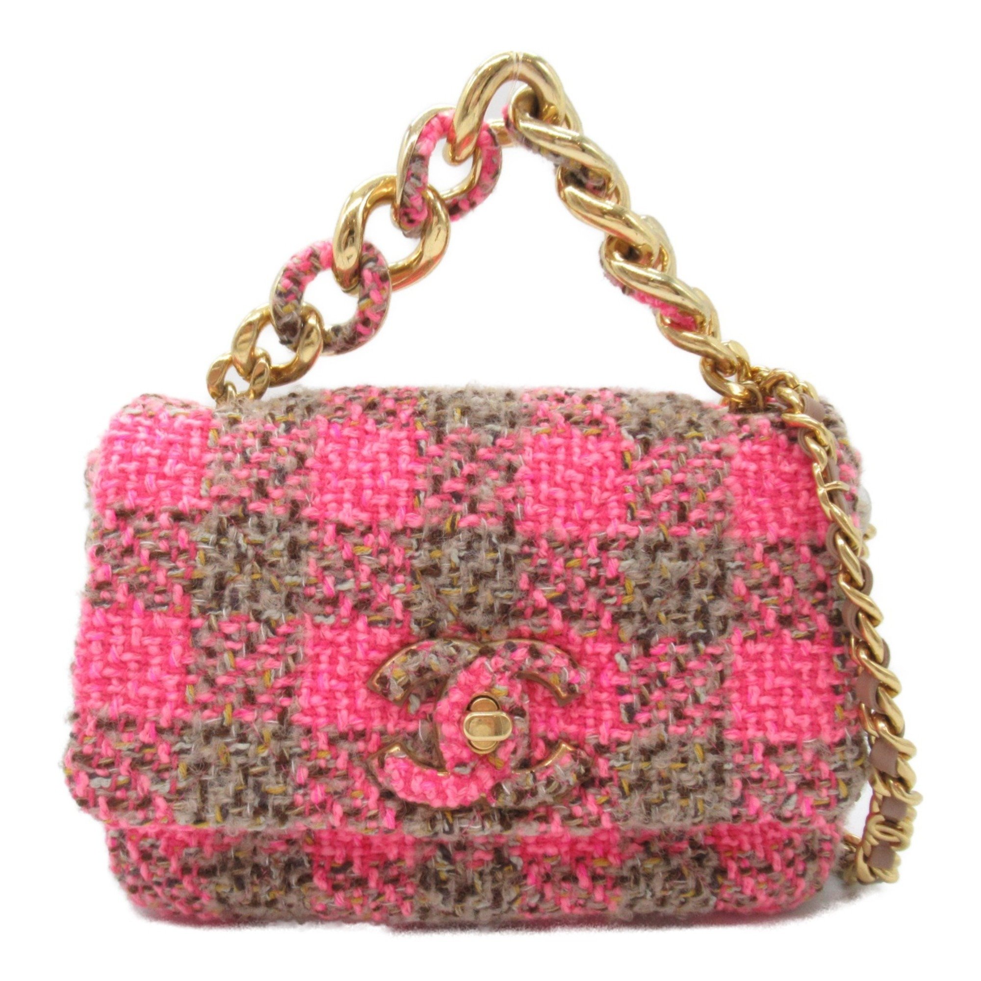 Chanel CHANEL Chain Shoulder Bag Tweed Women's Pink Brown