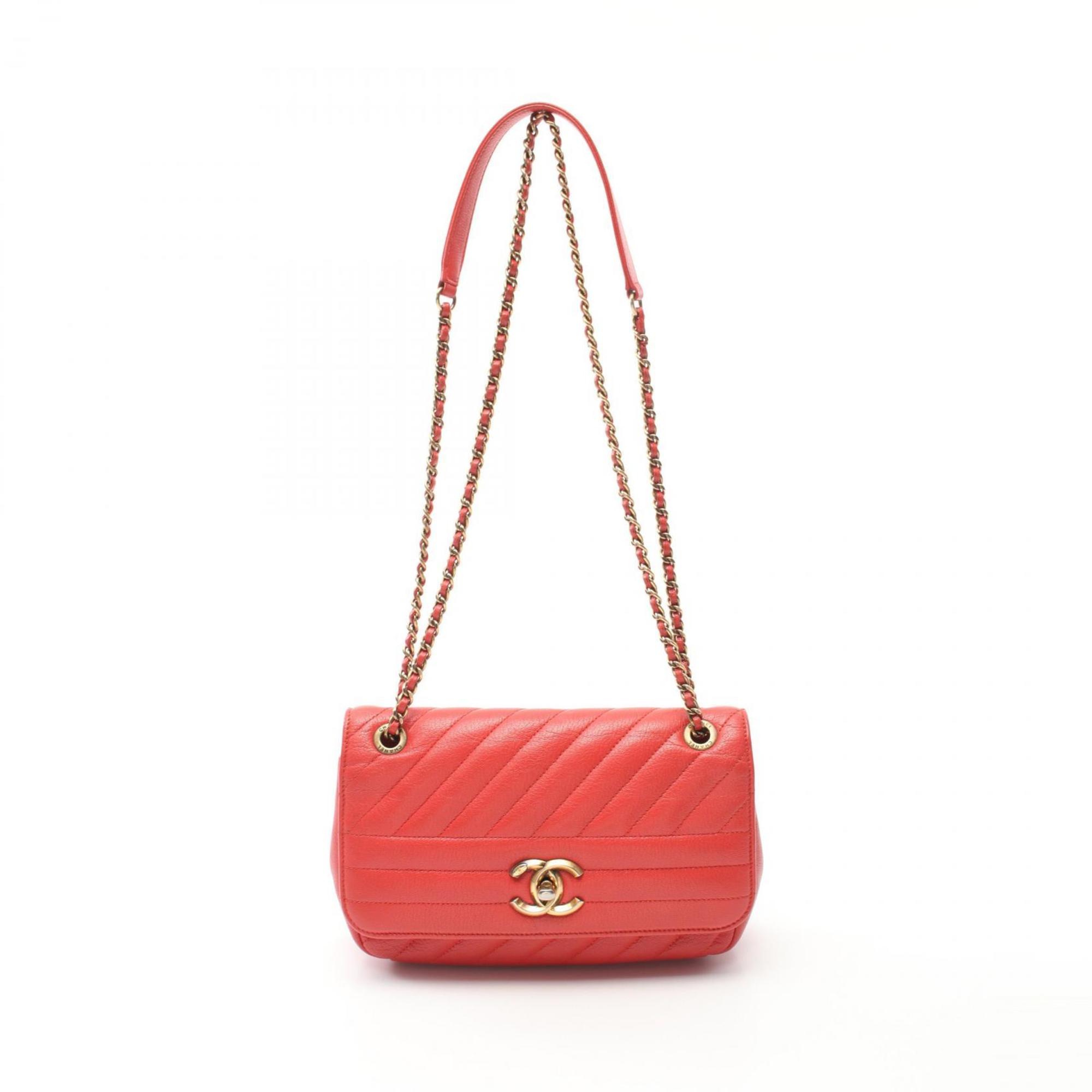 CHANEL Chevron Bias Stitch Shoulder Bag Leather Women's Red