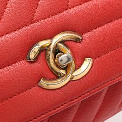 CHANEL Chevron Bias Stitch Shoulder Bag Leather Women's Red