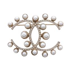 CHANEL Coco Mark Brooch GP (Gold Plated) Fake Pearl Rhinestone Women's Gold White Clear