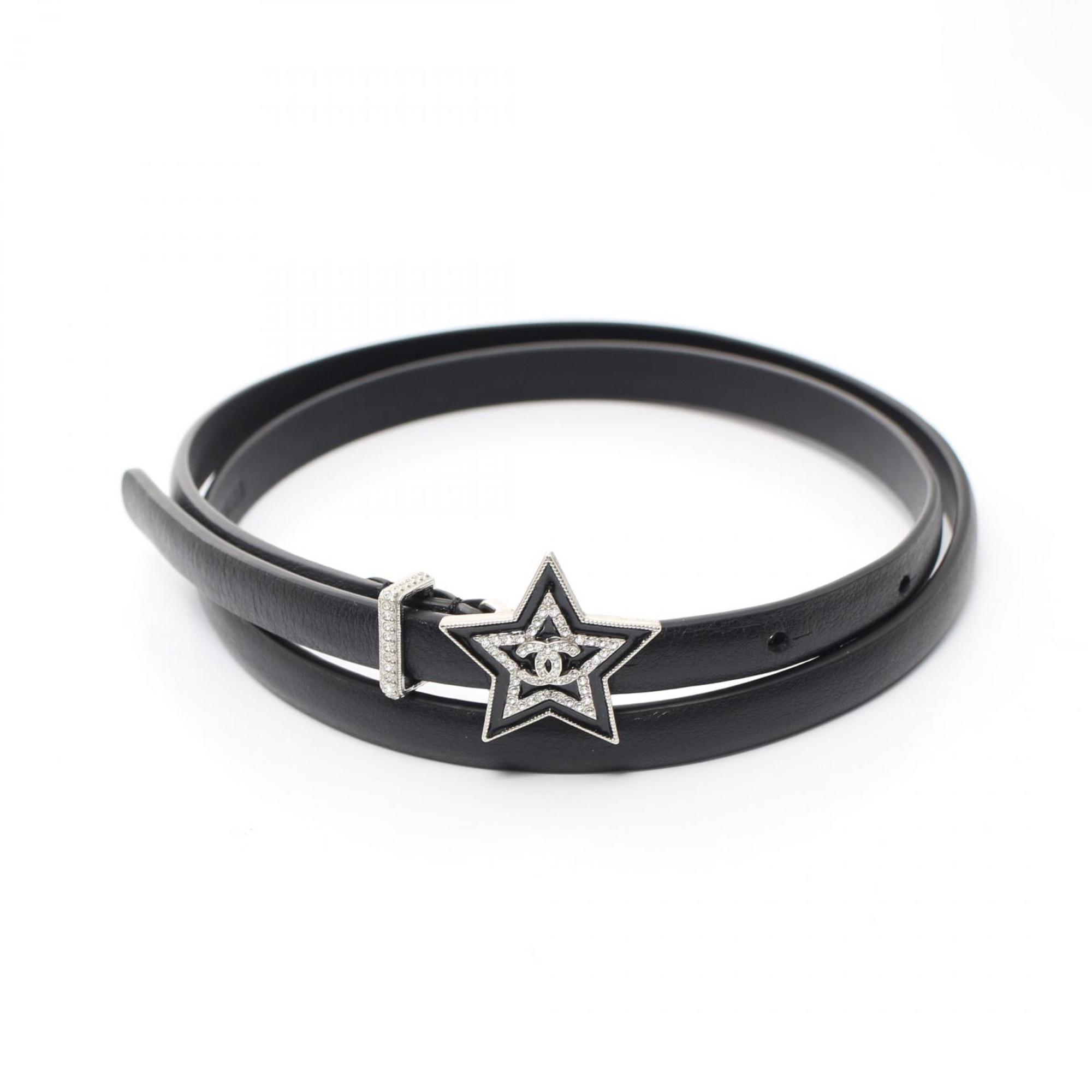 CHANEL Coco Mark Star Belt Clothing Leather Rhinestone Women's Black Clear