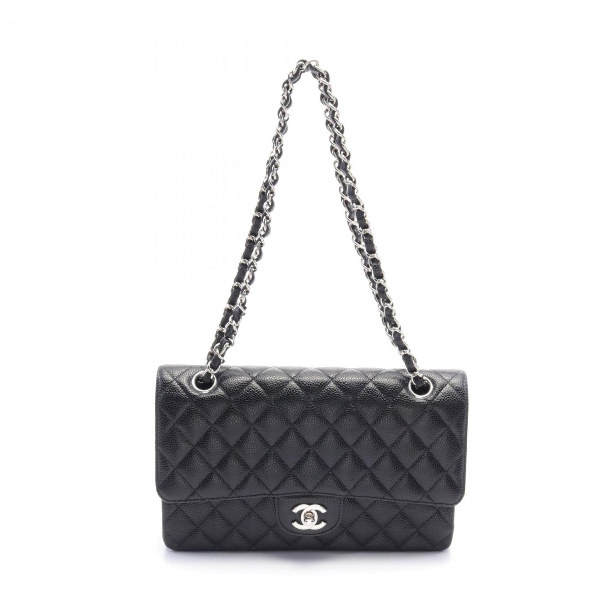 CHANEL Matelasse W-Flap Shoulder Bag Caviar Skin (Grained Calf) Women's Black A01112