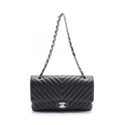 CHANEL Chevron V-stitch W-flap shoulder bag, caviar skin (grained calf), women's, black, A01166