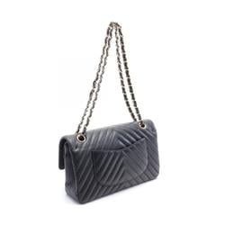 CHANEL Chevron V-stitch W-flap shoulder bag, caviar skin (grained calf), women's, black, A01166