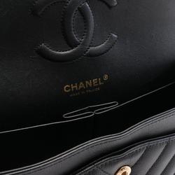 CHANEL Chevron V-stitch W-flap shoulder bag, caviar skin (grained calf), women's, black, A01166