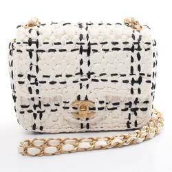 CHANEL Shoulder Bag Raffia Effect Tweed Women's White Black AS3944