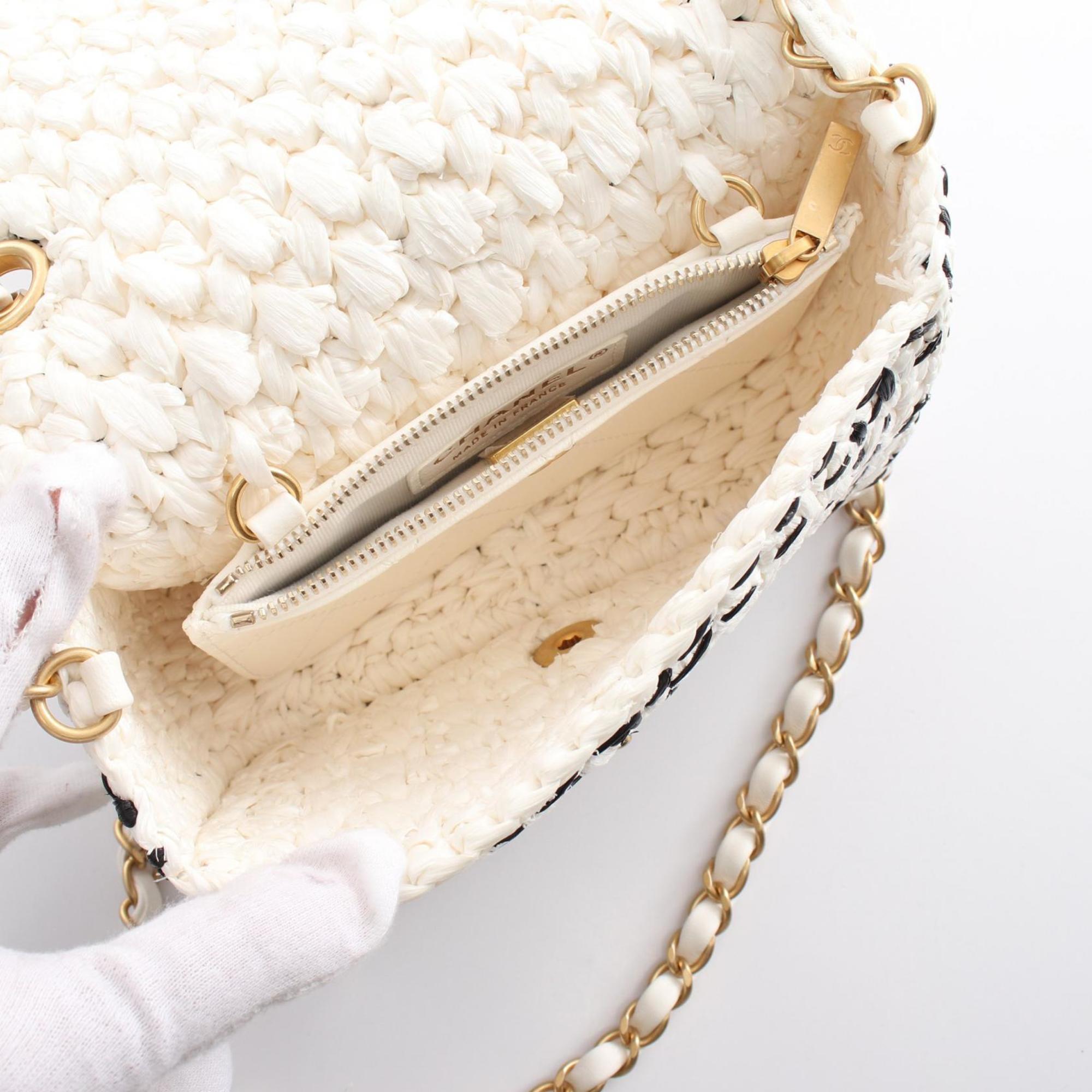 CHANEL Shoulder Bag Raffia Effect Tweed Women's White Black AS3944