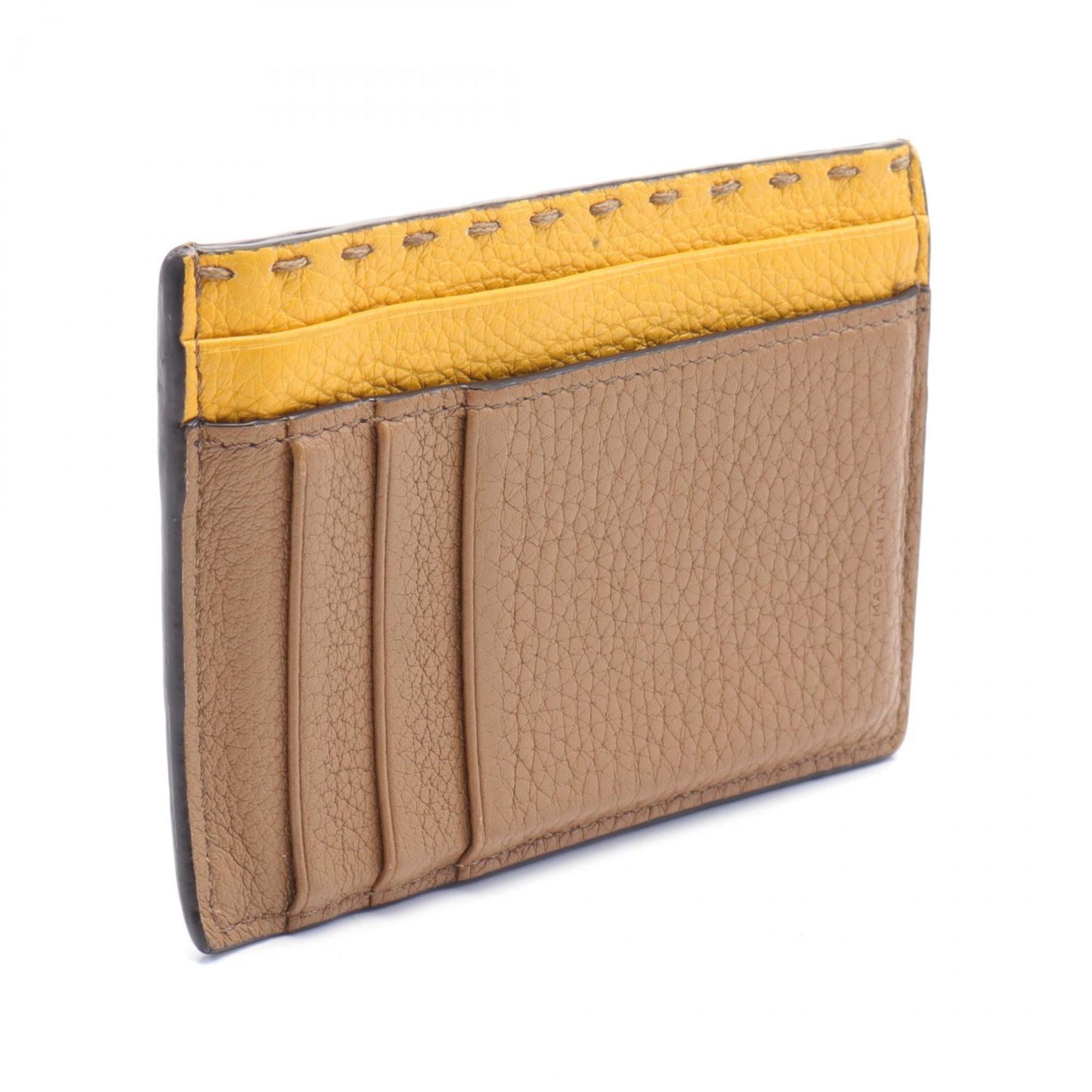 FENDI Selleria Fragment Case Wallet/Coin Wallet Leather Men's Brown Yellow 7M0310