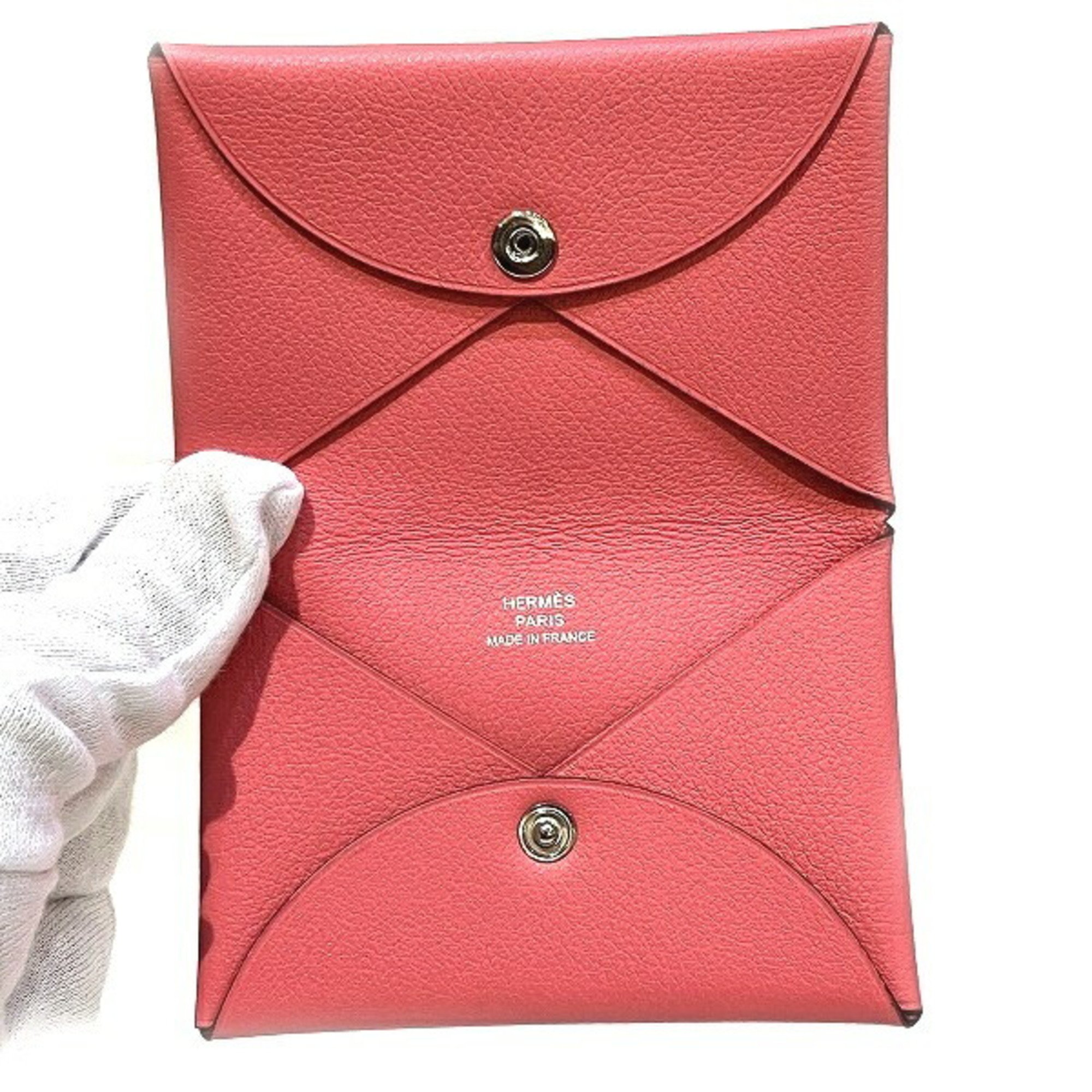 Hermes Calvi Rose Ete Leather Y Stamp Small Items Business Card Holder for Women