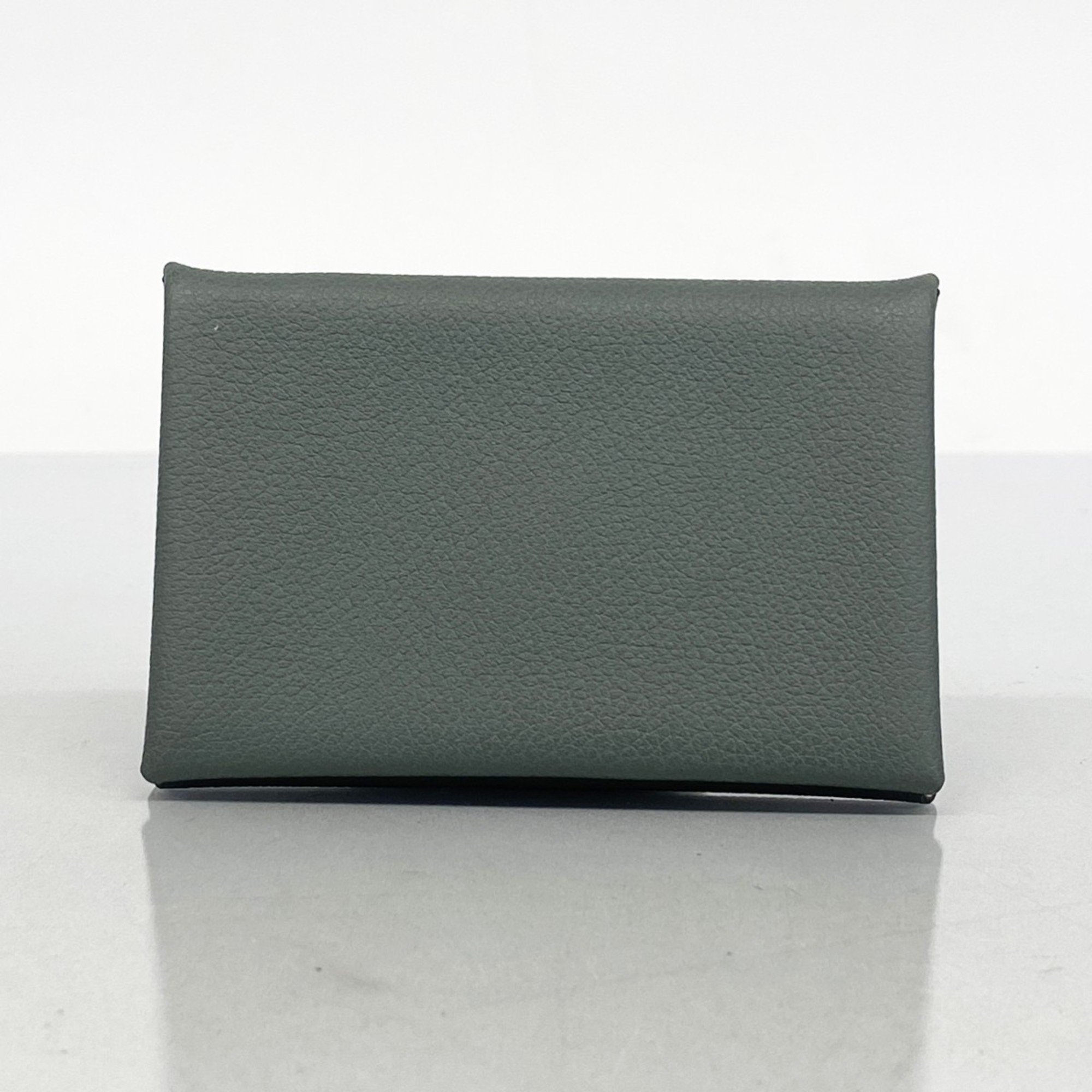 Hermes Business Card Holder/Card Case Calvi Verso Evercolor Vert Amande Pearl Gray D Engraved Ladies