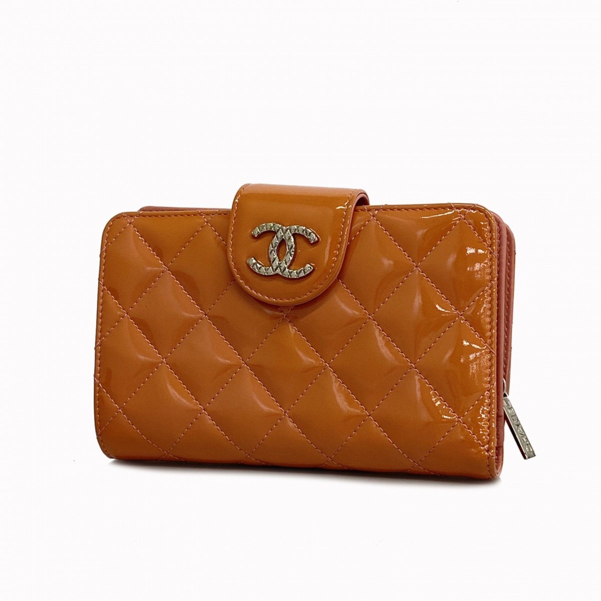 Chanel Wallet Matelasse Brilliant Patent Leather Orange Champagne Ladies