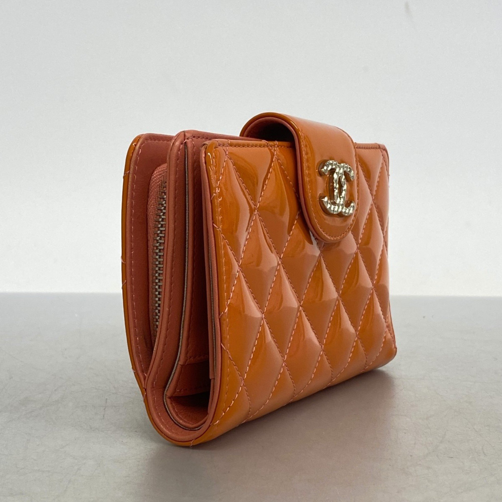 Chanel Wallet Matelasse Brilliant Patent Leather Orange Champagne Ladies