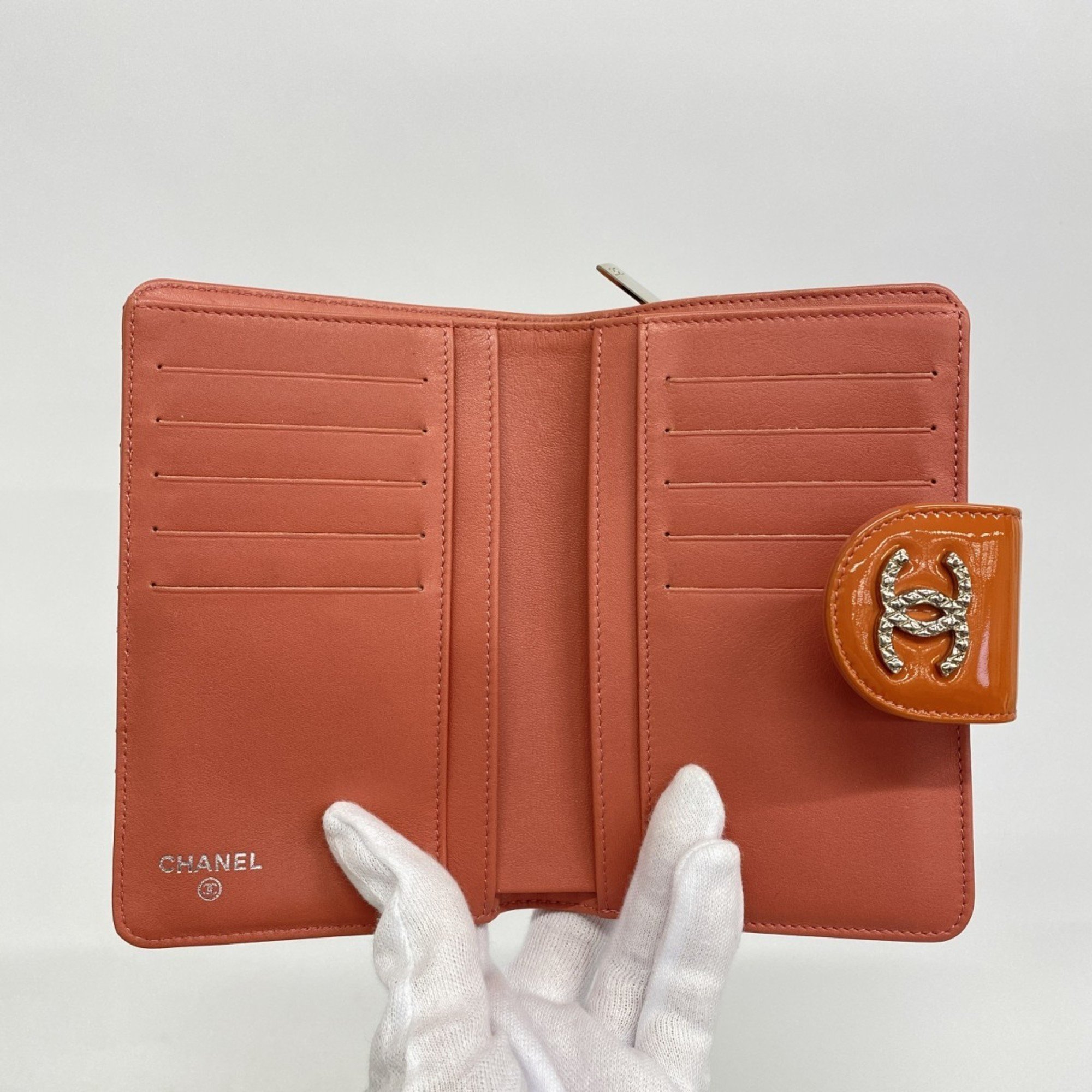 Chanel Wallet Matelasse Brilliant Patent Leather Orange Champagne Ladies