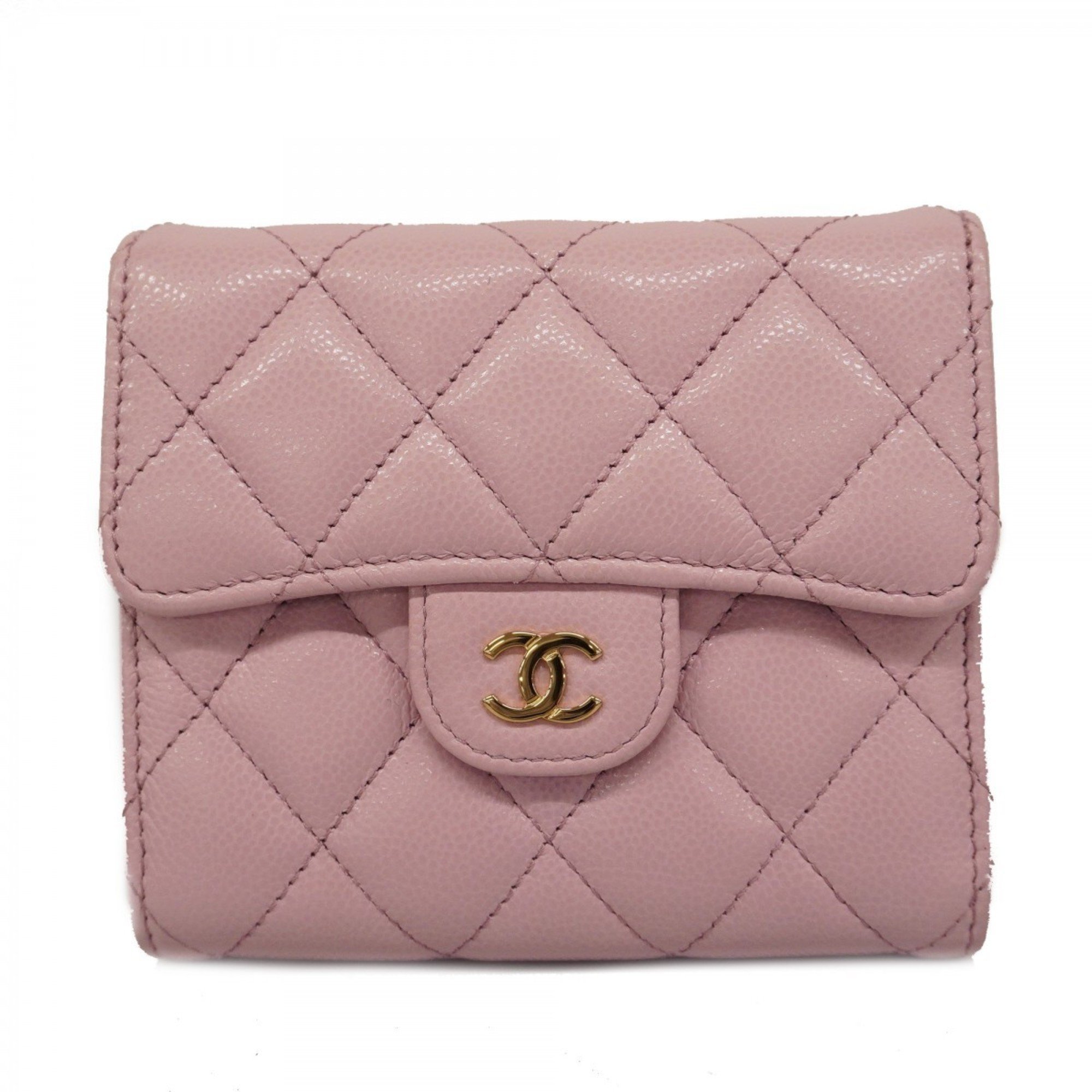 Chanel Tri-fold Wallet Matelasse Caviar Skin Pink Champagne Ladies