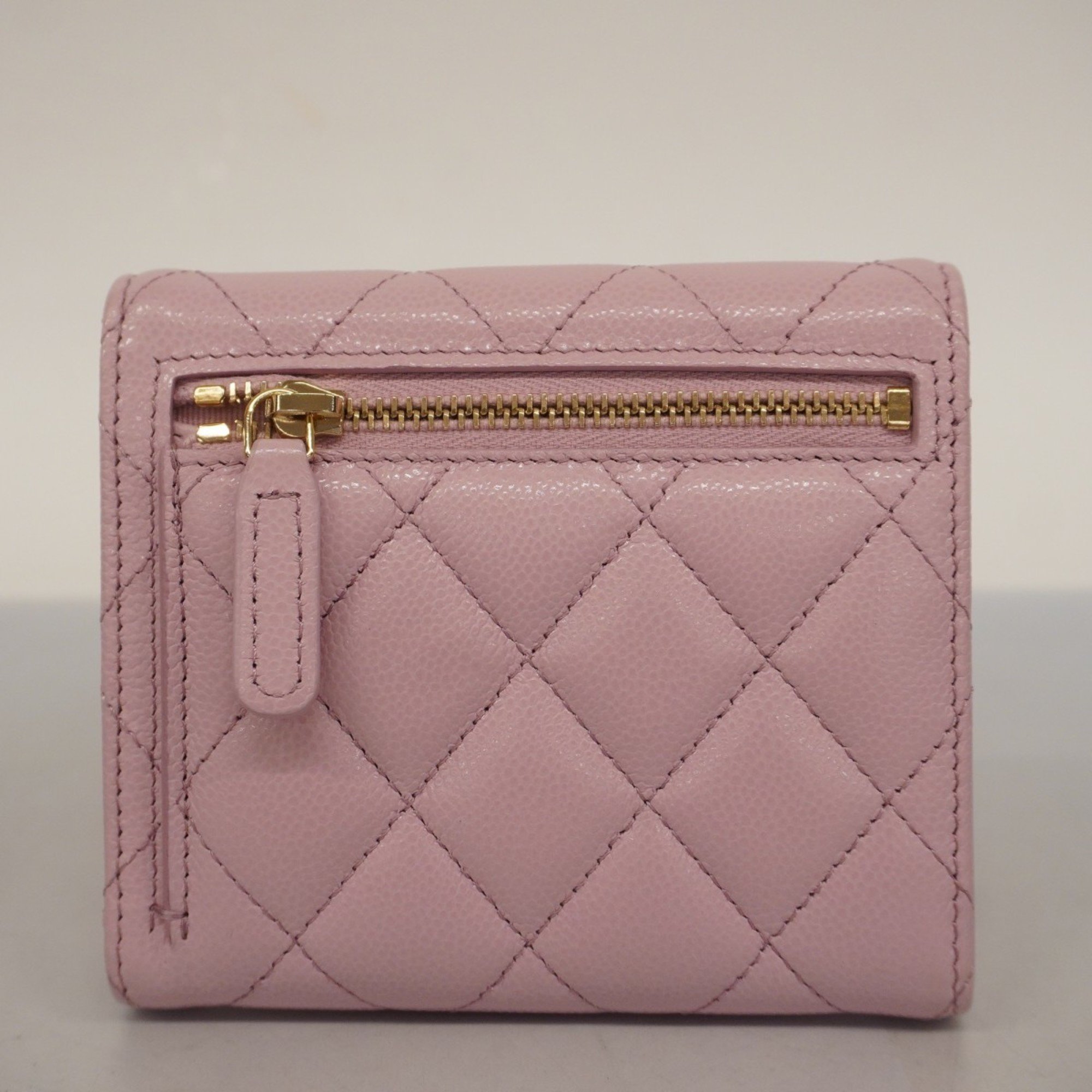 Chanel Tri-fold Wallet Matelasse Caviar Skin Pink Champagne Ladies