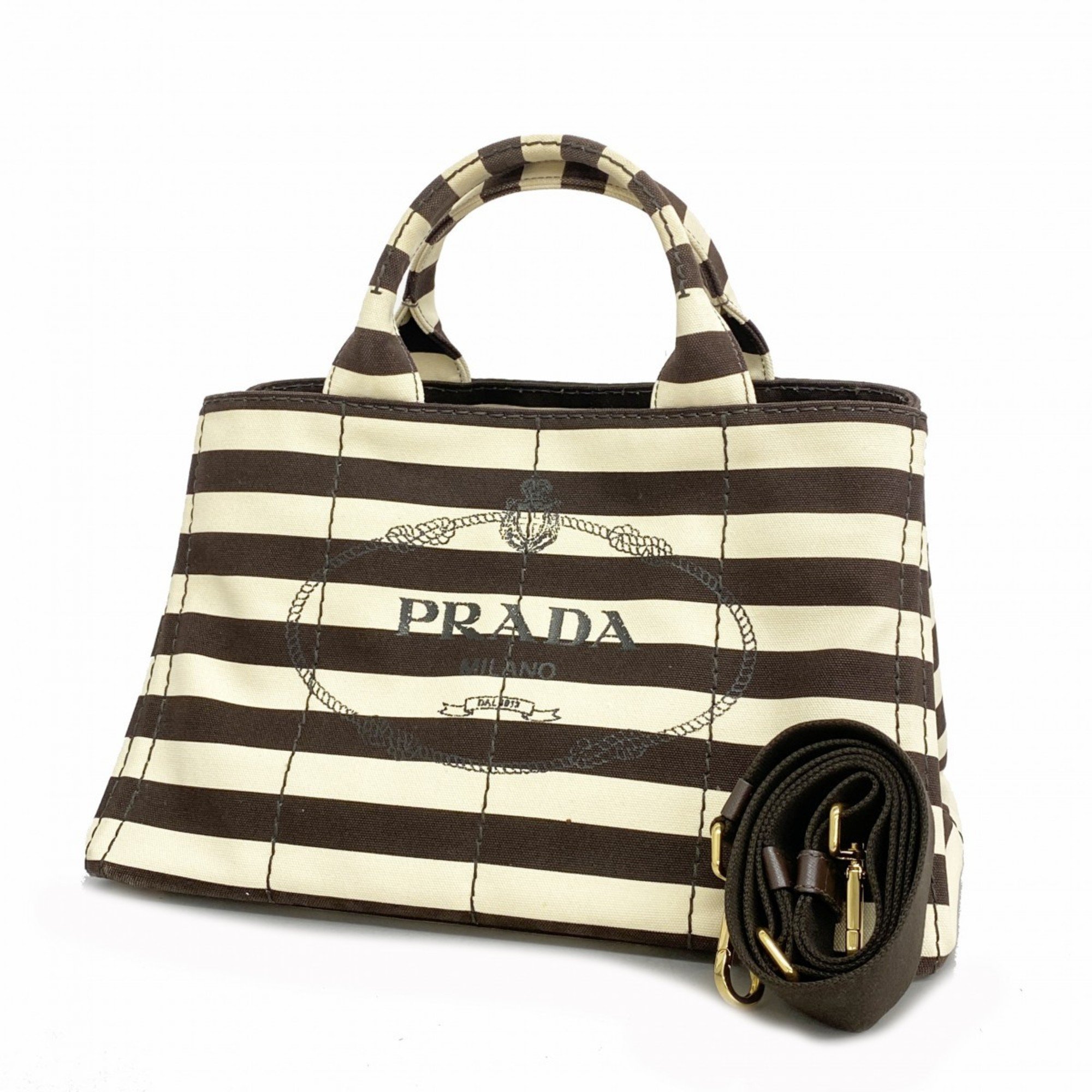 Prada Tote Bag Canapa Canvas Brown Ivory Women's