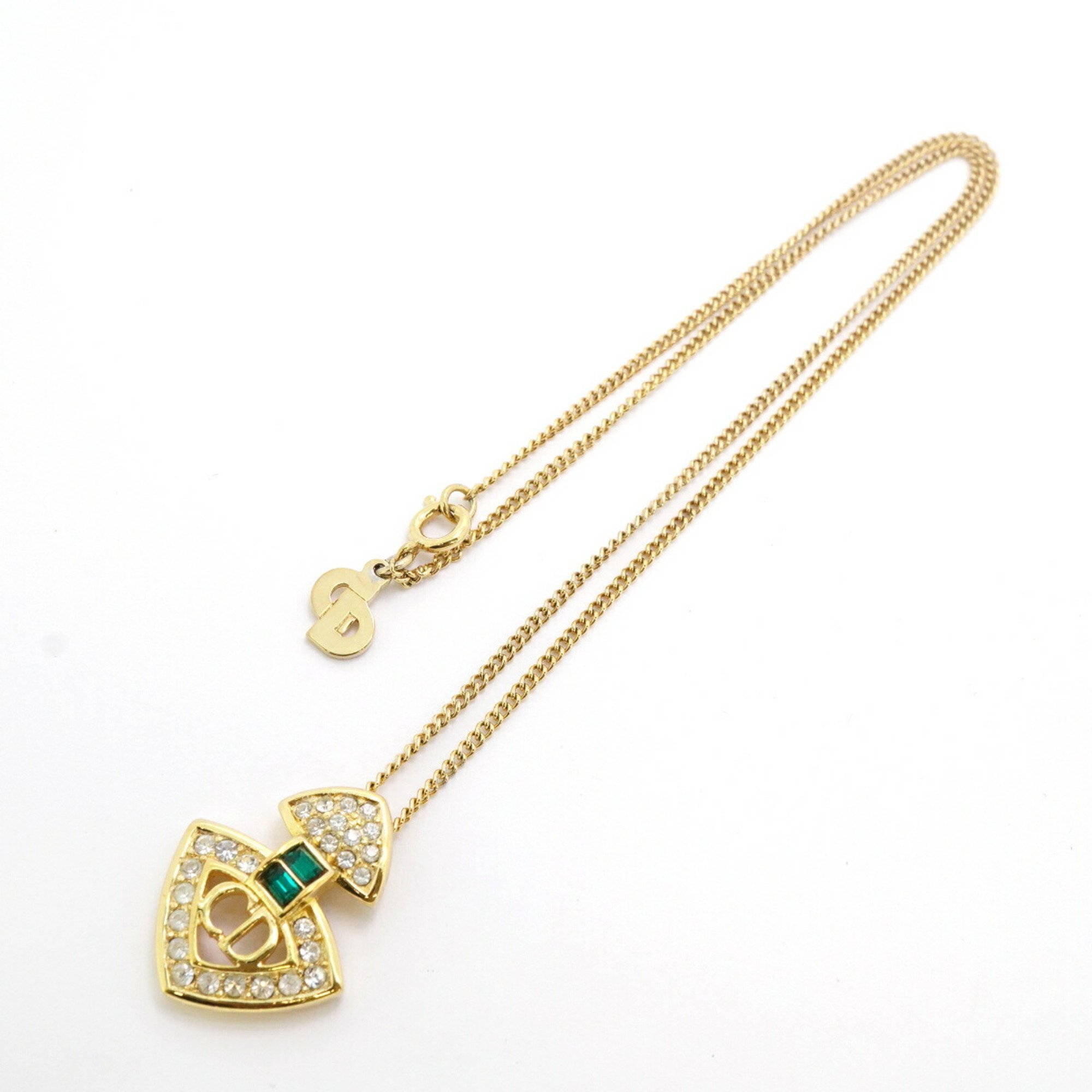 Christian Dior Necklace CD Rhinestone Color Stone GP Plated Gold Green Women's