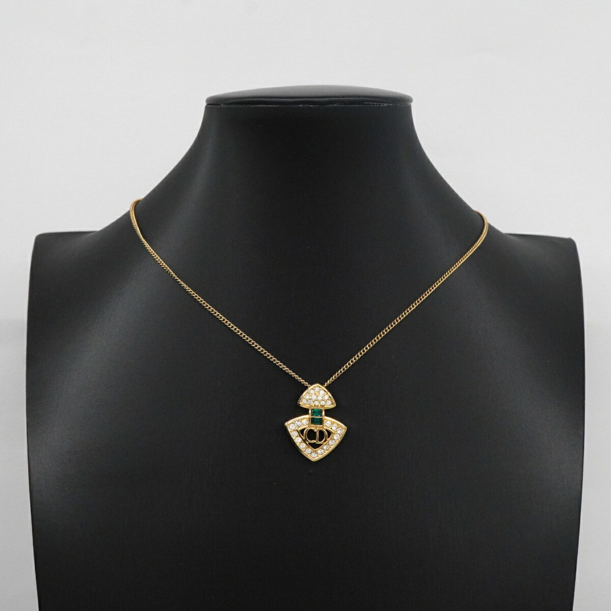 Christian Dior Necklace CD Rhinestone Color Stone GP Plated Gold Green Women's